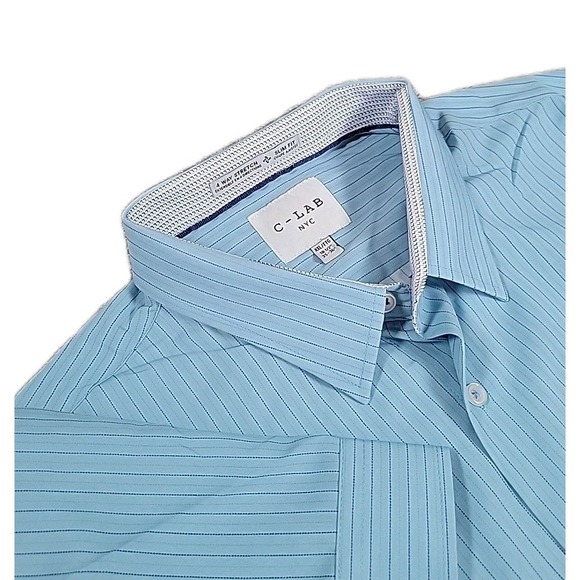 C-LAB NYC Slim Fit 4-Way Stretch Long Sleeve Shirt Mens sz XXL 18 1/2 35-36 BLUE - Picture 1 of 10